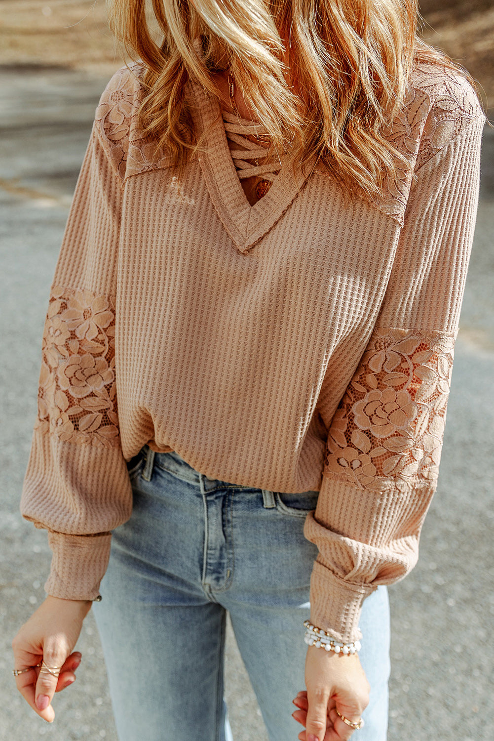 Apricot Lace Waffle Patchwork Strappy V Neck Long Sleeve Top