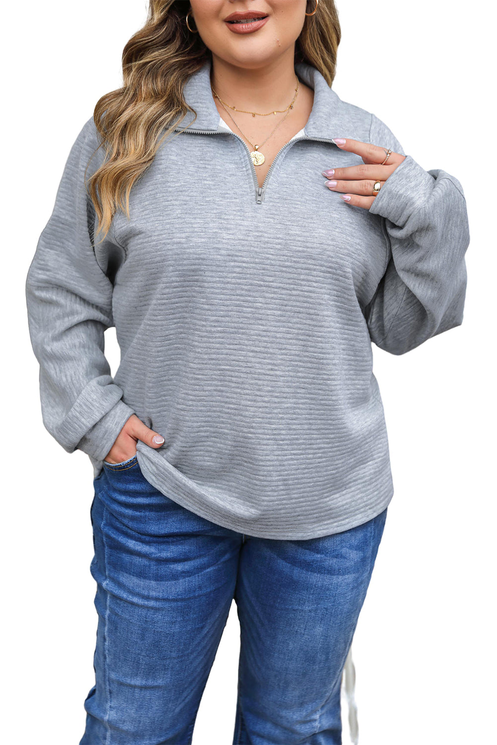 Light Grey Quarter Zipper Collared Ribbed Knit Plus Size Top