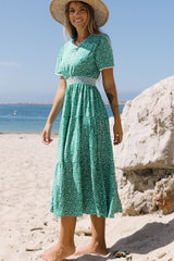 Green Floral Print Lace Splicing Flared High Waist Midi Dress