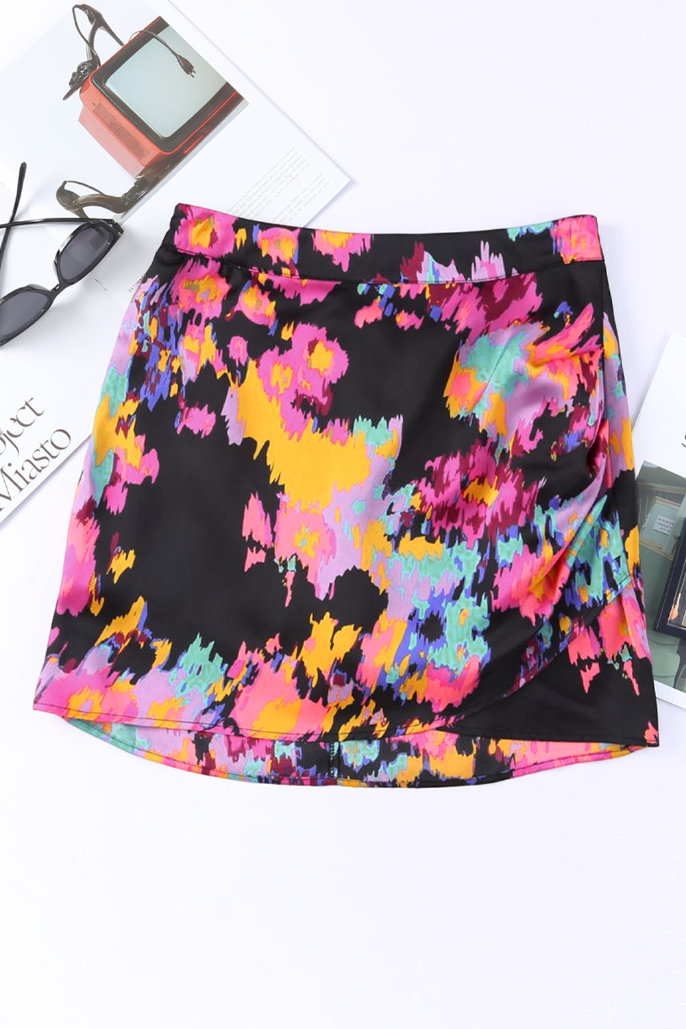 Black Abstract/Leopard Print Wrap Hem Mini Skirt