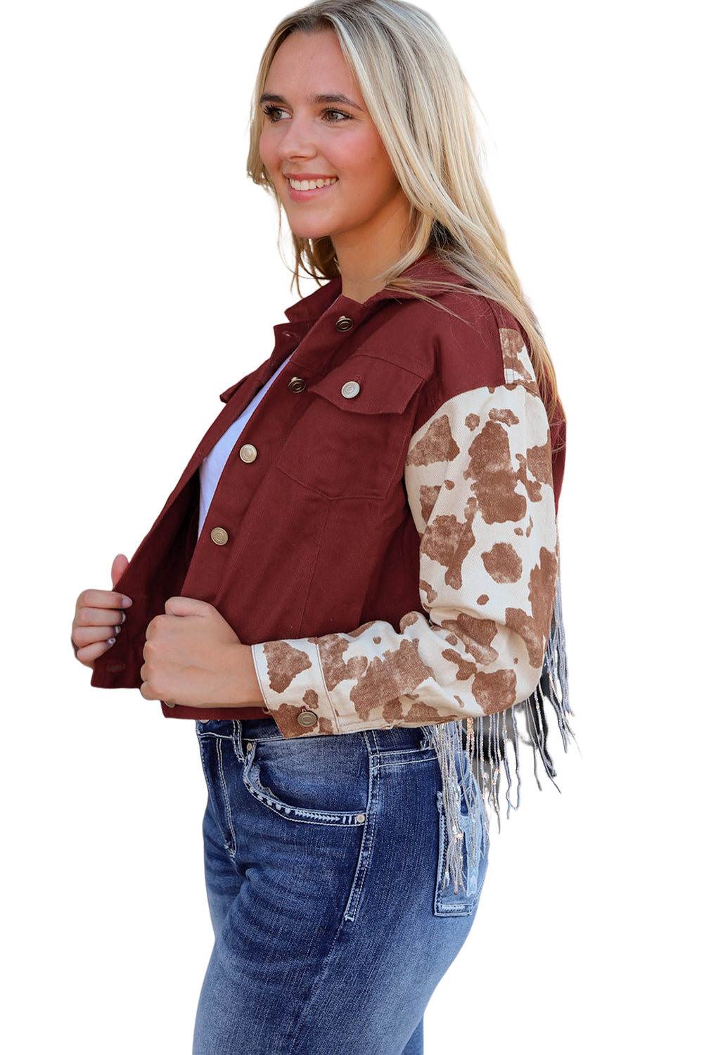 Fiery Red Abstract Print Sleeve Back Fringed Cropped Denim Jacket