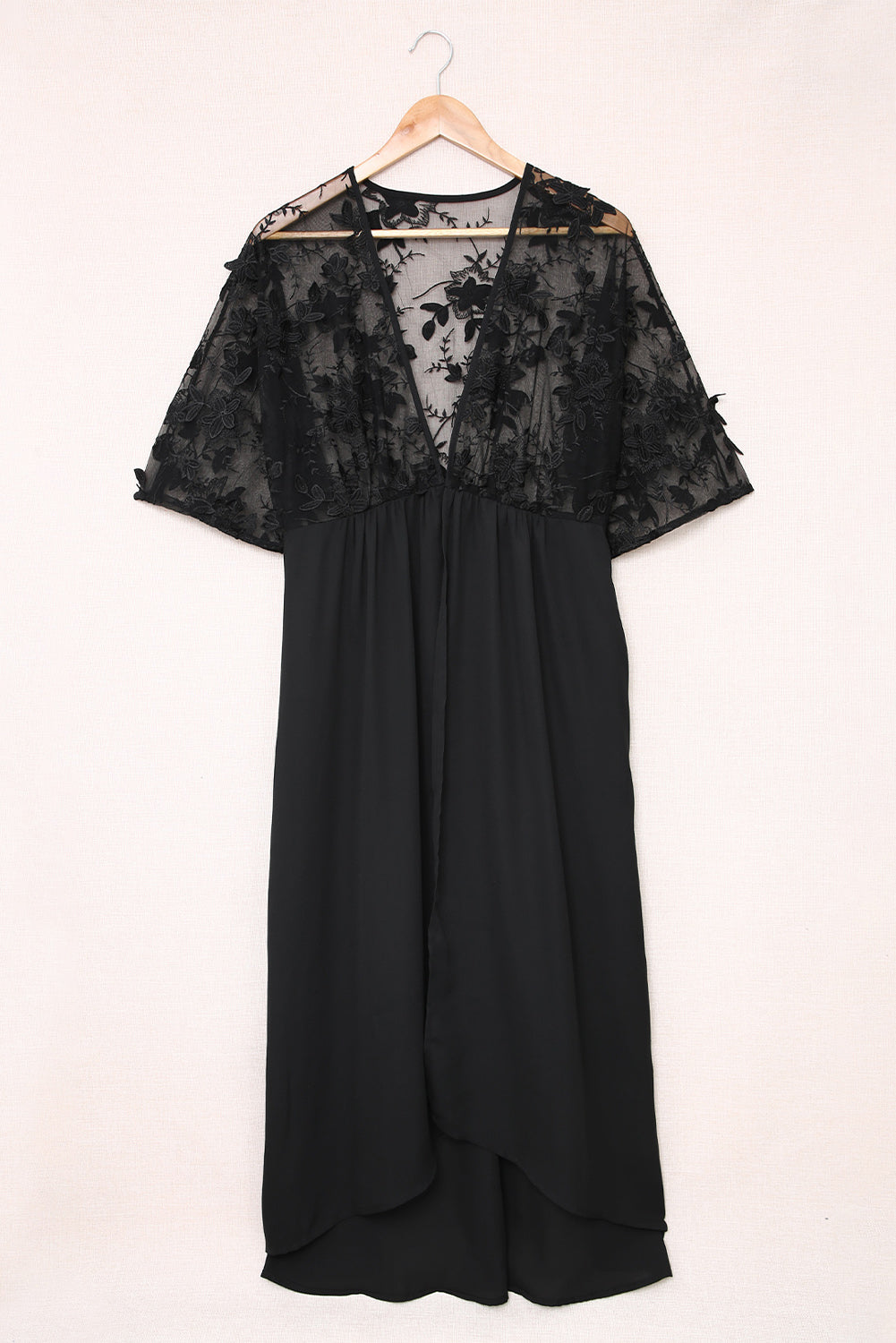 Black Floral Mesh Lace Crochet Open Front Kimono