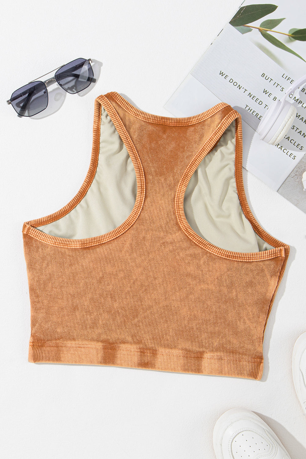 Gold Flame Ribbed Mineral Wash Racerback Cropped Tank Top
