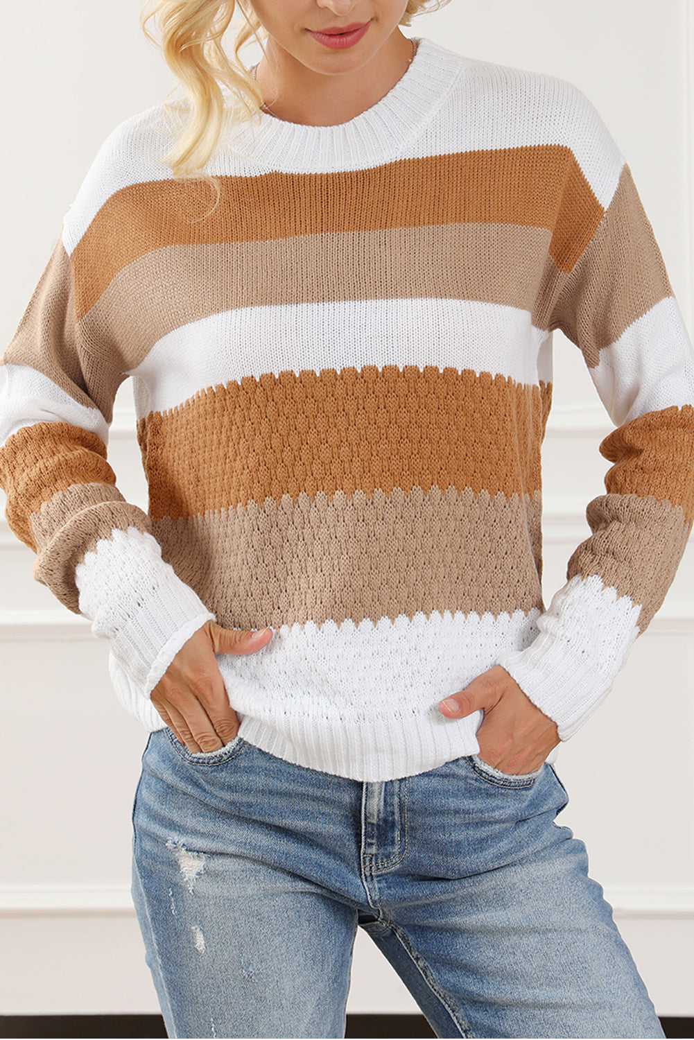 Chestnut Striped Cable Knit Drop Shoulder Sweater