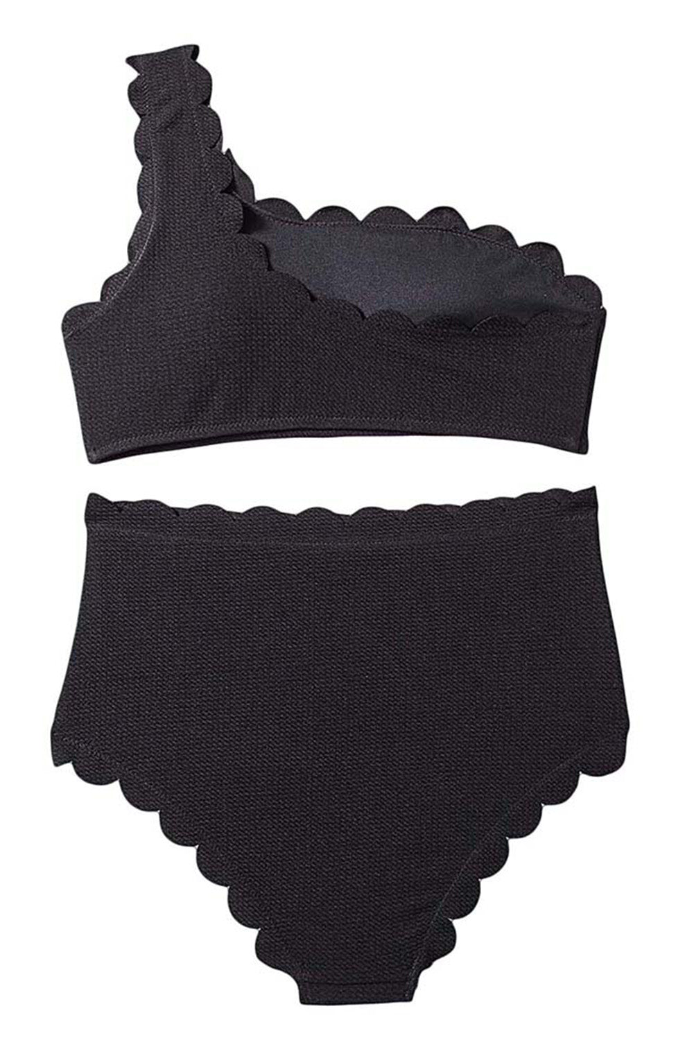 Black Solid Scalloped One-Shoulder Bikini