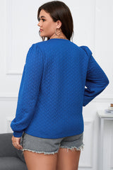 Dark Blue Cable Pattern Puff Sleeve Plus Size Top