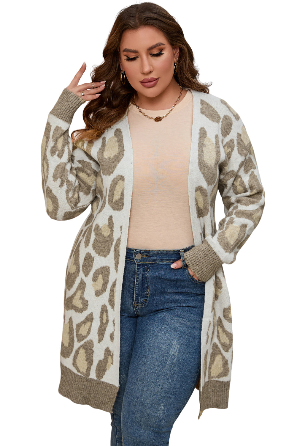 Beige Plus Size Leopard Pattern Cardigan