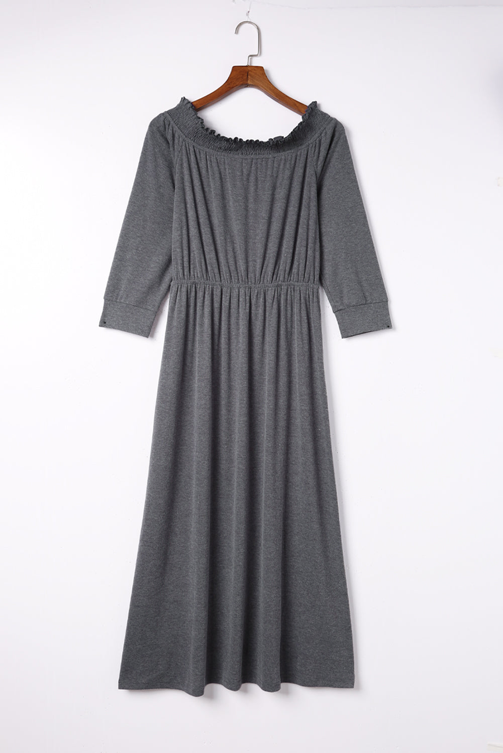 Gray Shirred Off Shoulder Maxi Dress with Split