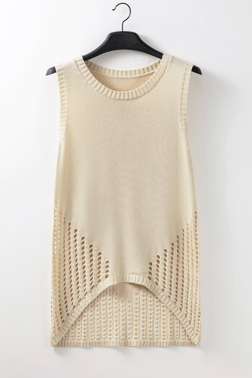 Beige Pointelle Detail Solid Color Knit Sweater Vest