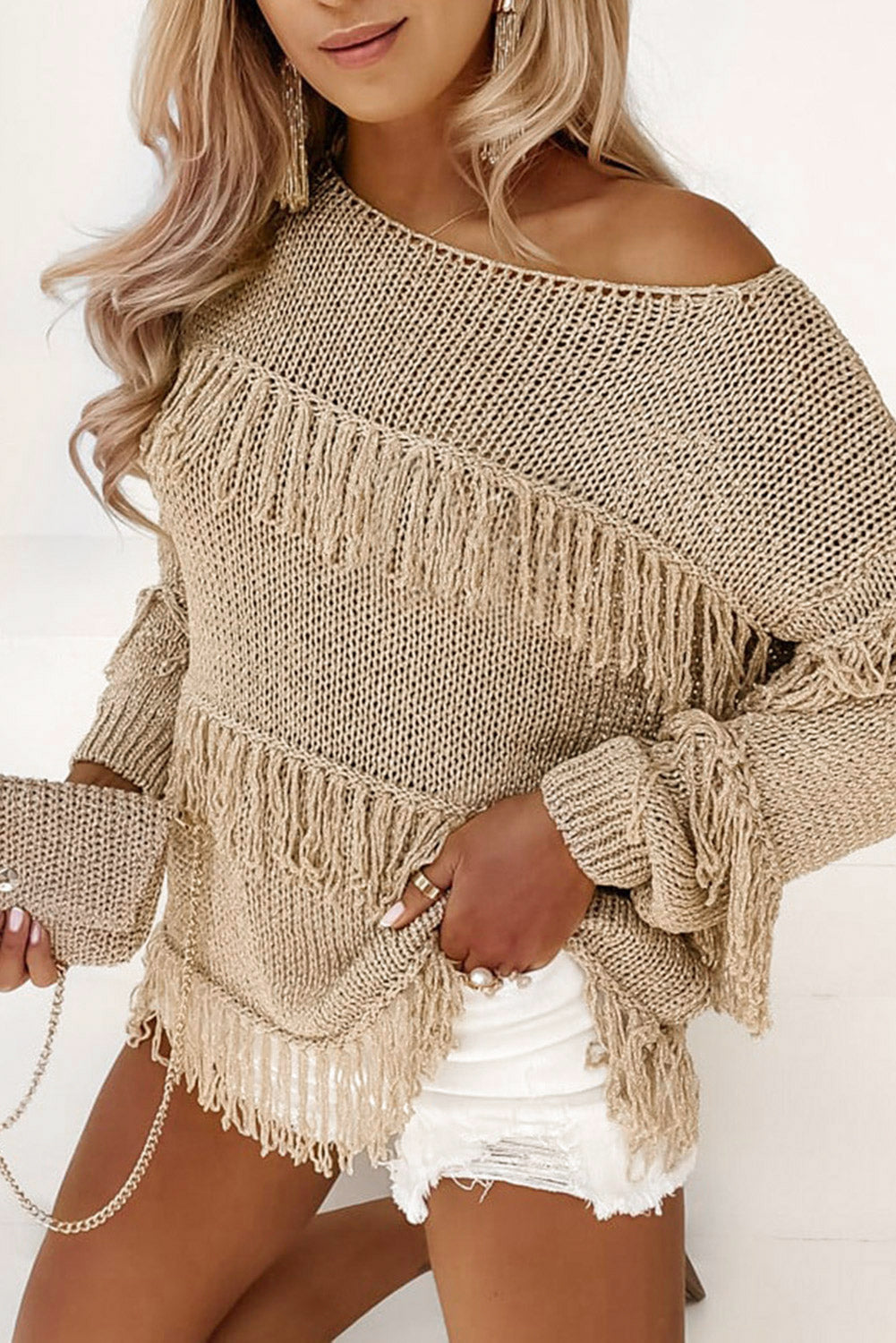 Khaki Boho Tasseled Knitted Sweater