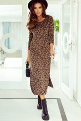 Leopard Round Neck Long Sleeve Split Dress