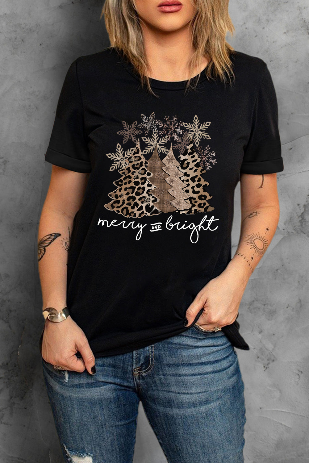 Black Leopard Christmas Tree Graphic Crew Neck T Shirt