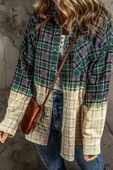 Blackish Green Contrast Plaid Patchwork Chest Pocket Button up Shacket