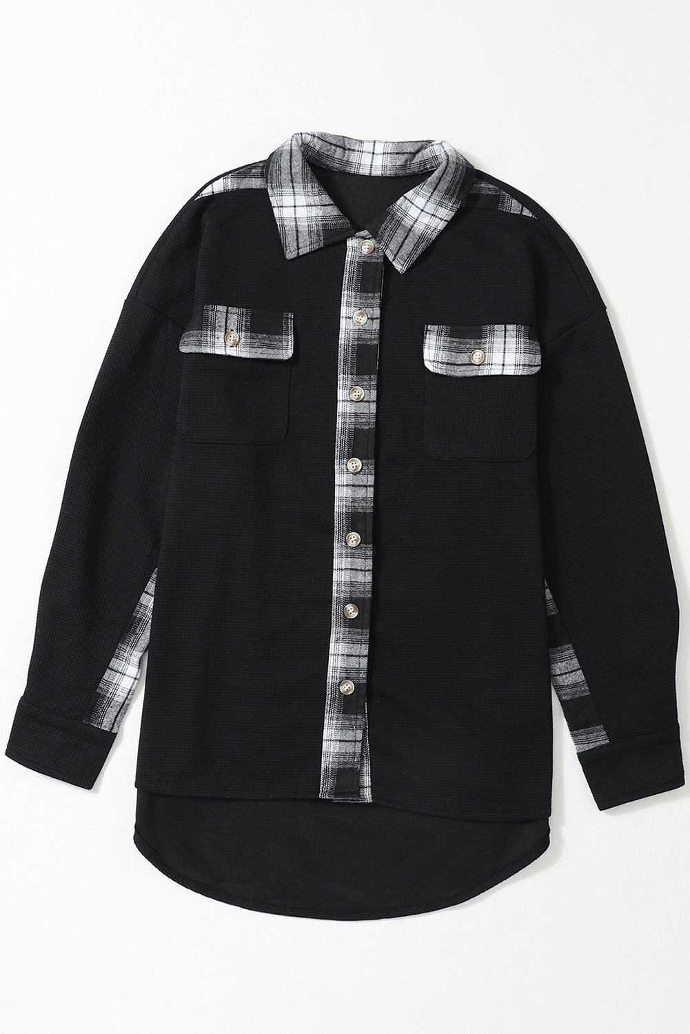 Black Plaid Patchwork Waffle Thermal Knit Shacket