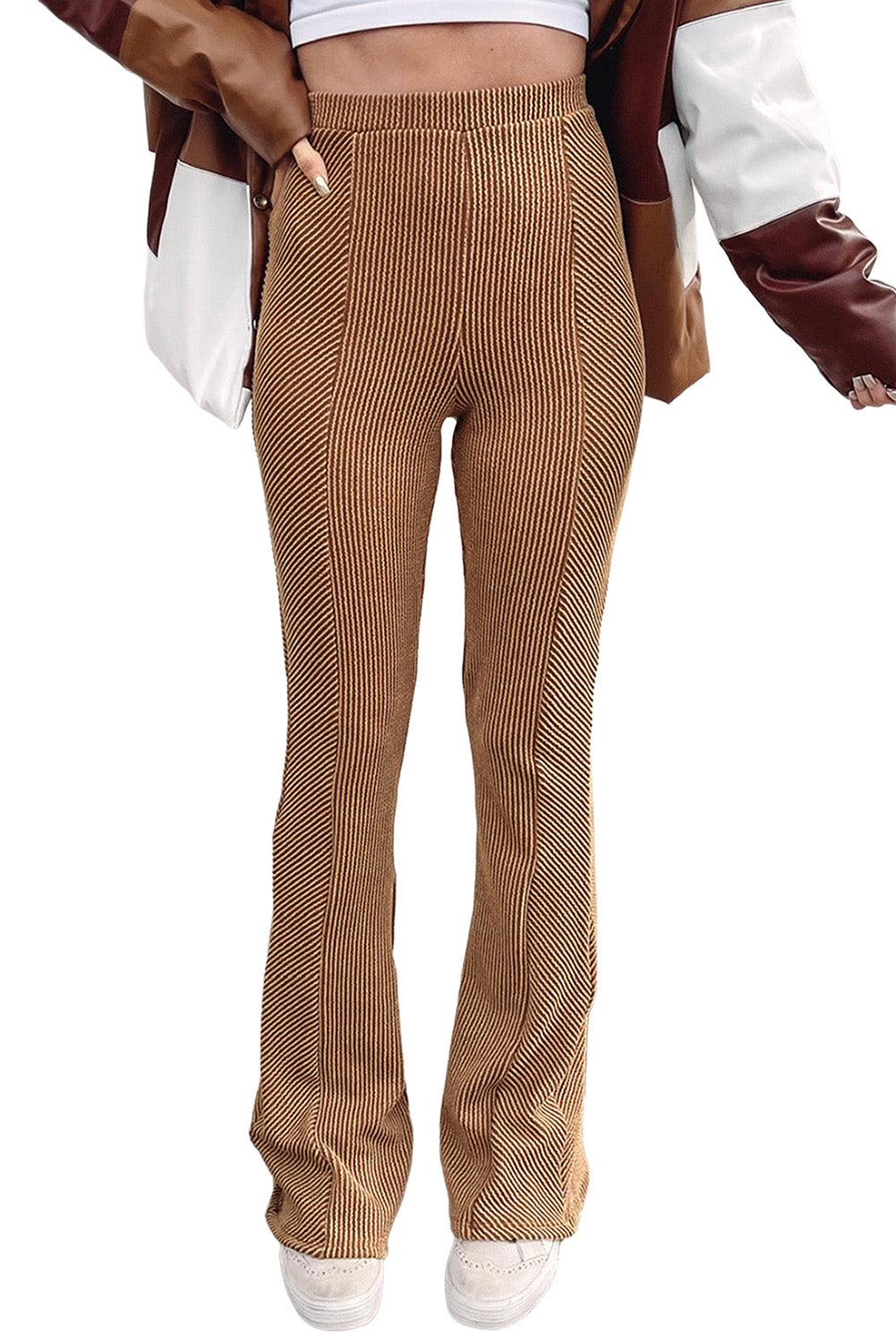 Brown Ribbed Knit High Rise Flare Leggings
