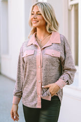 Pink Contrast Trim Collared Casual Shacket