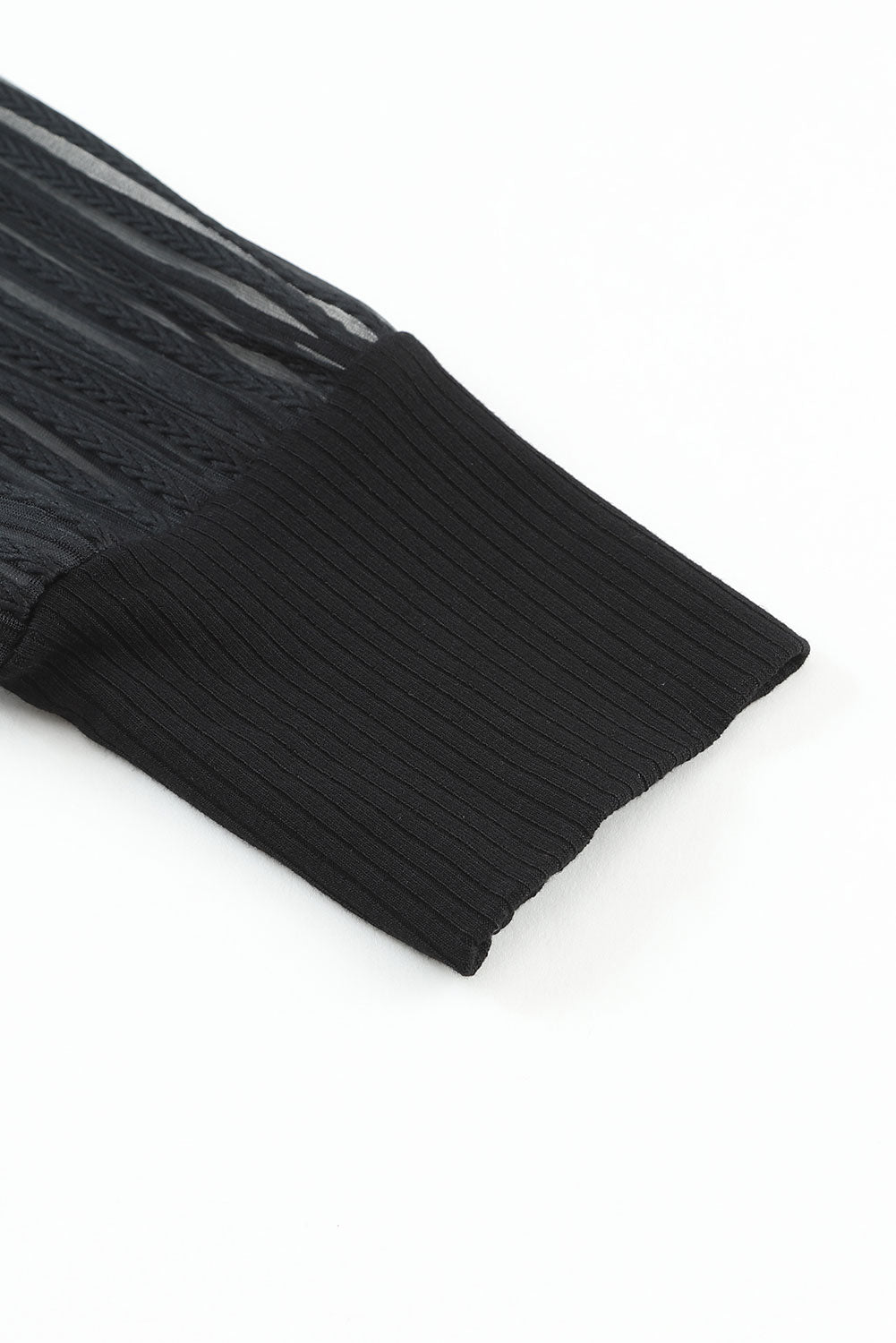 Black Striped Mesh Long Sleeve Crewneck Ribbed Top