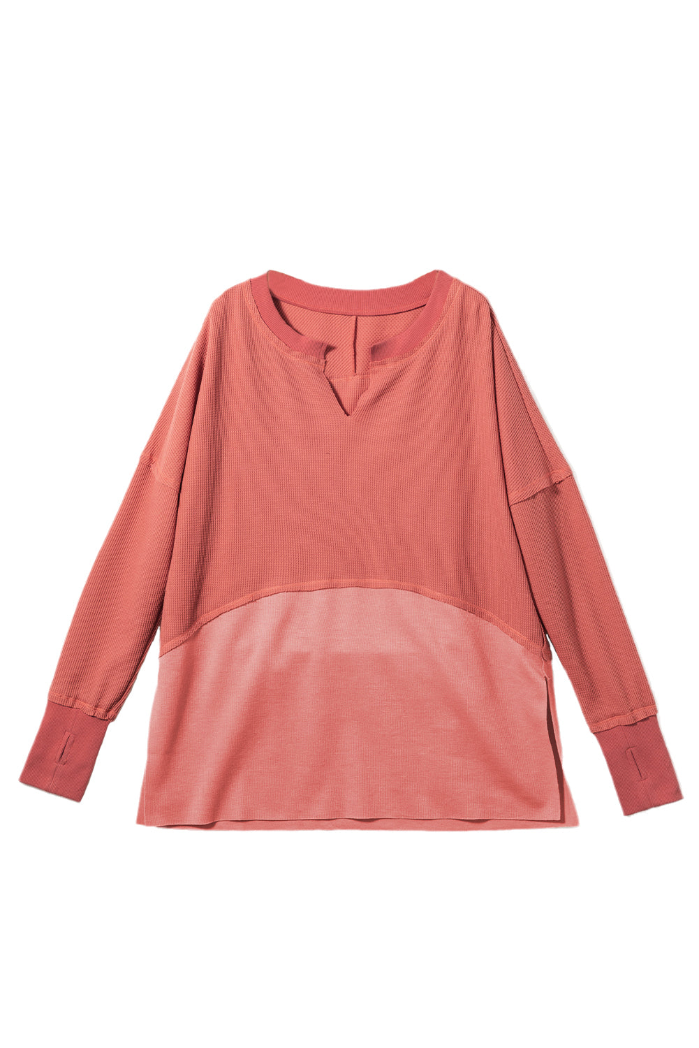 Mineral Red Exposed Seam Slit Neck Waffle Knit Patchwork Top