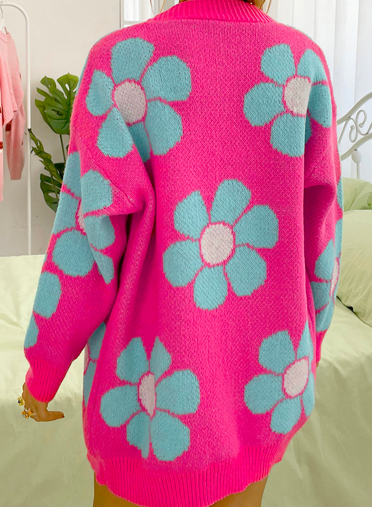 Strawberry Pink Floral Print Button up Knitted Cardigan