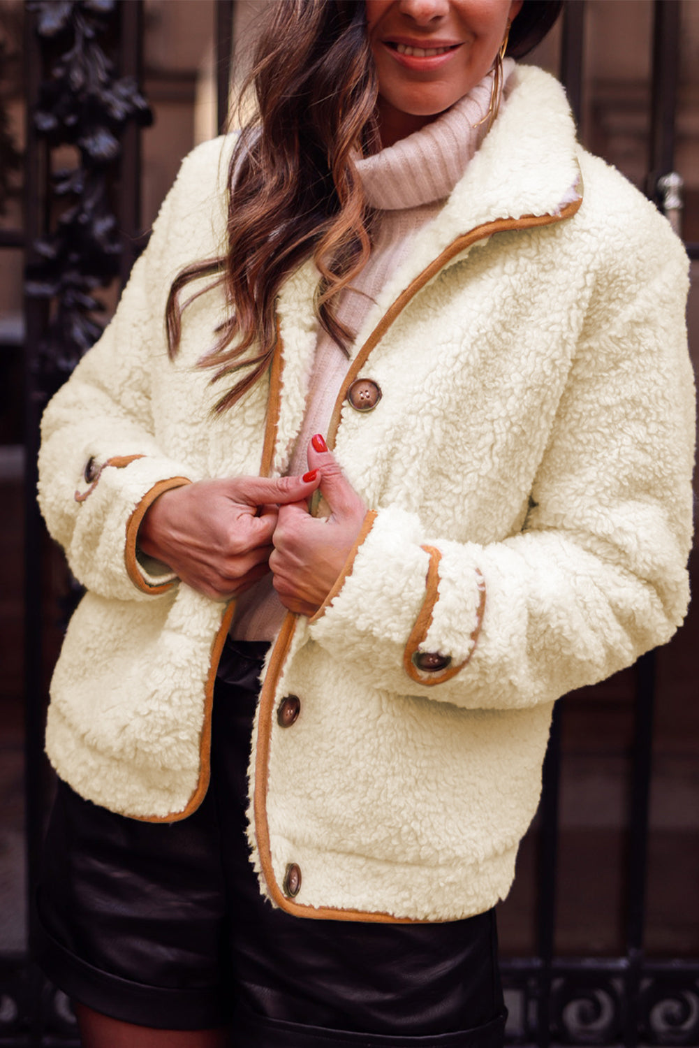 Beige Sherpa Contrasting Trim Button Jacket with Pockets