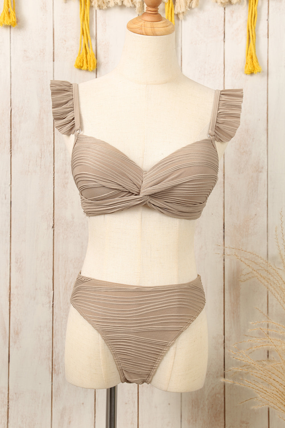 Pale Khaki Wavy Textured Ruffled Straps Twist Bikini Swimsuit