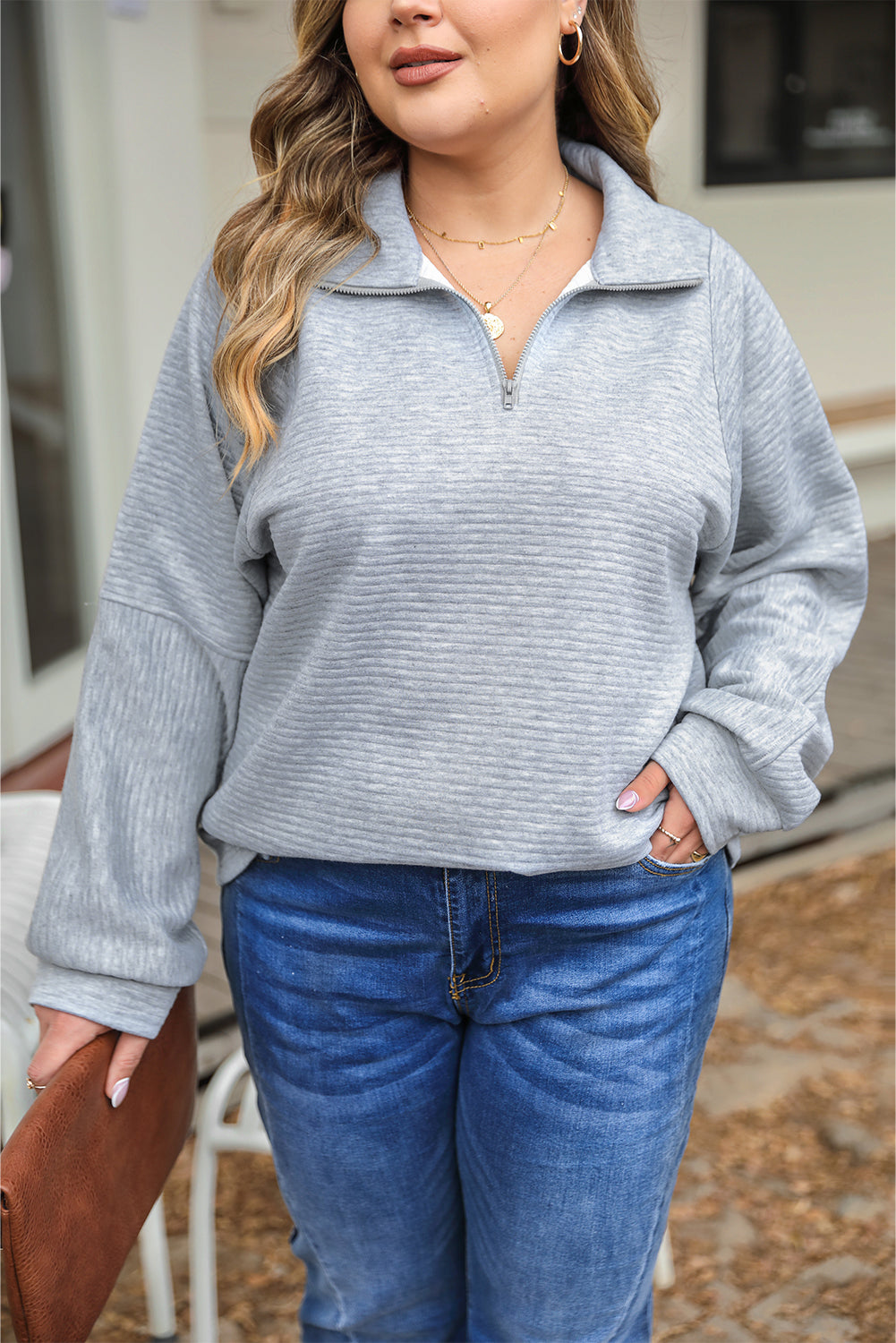 Light Grey Quarter Zipper Collared Ribbed Knit Plus Size Top