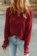 Fiery Red Textured Round Neck Long Sleeve Top