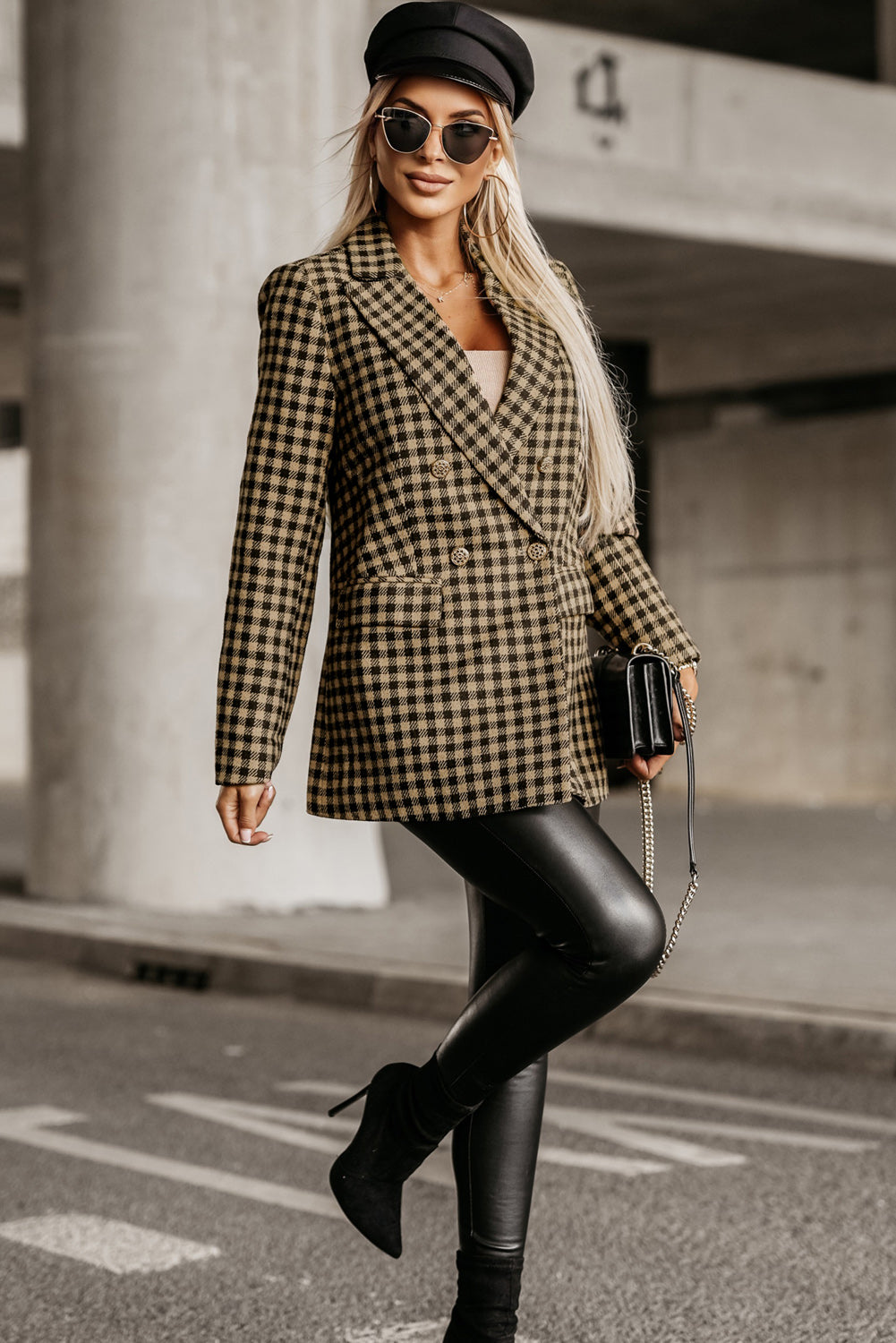 Brown Tweed Houndstooth Plaid Pattern Double Breasted Blazer