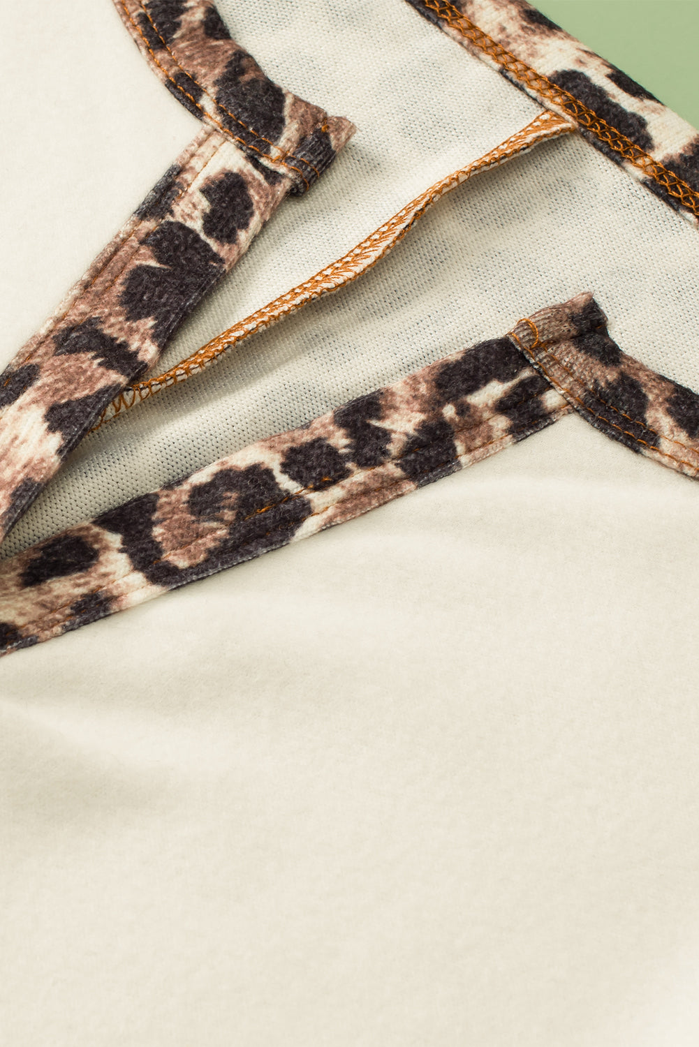 White Leopard Color Block Patchwork Split Neck Long Sleeve Top
