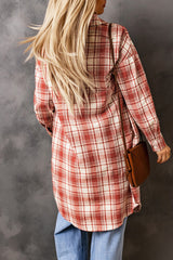 Fiery Red Plaid Print Button Long Shacket