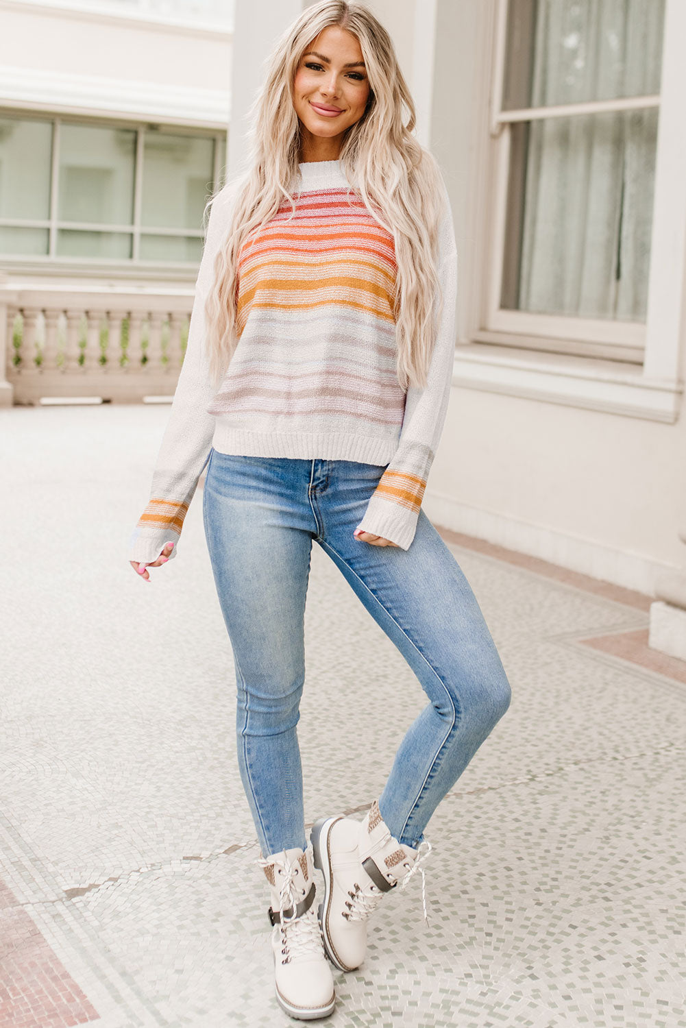 Multicolor Stripe Long Sleeve Round Neck Sweater