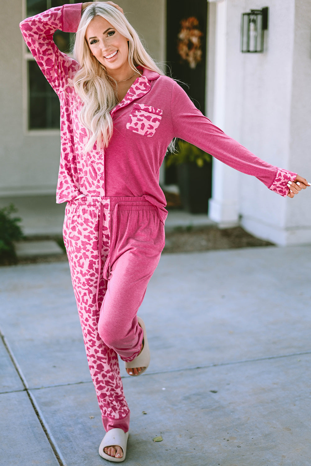 Rose Leopard Contrast Pocket Long Pajama Set