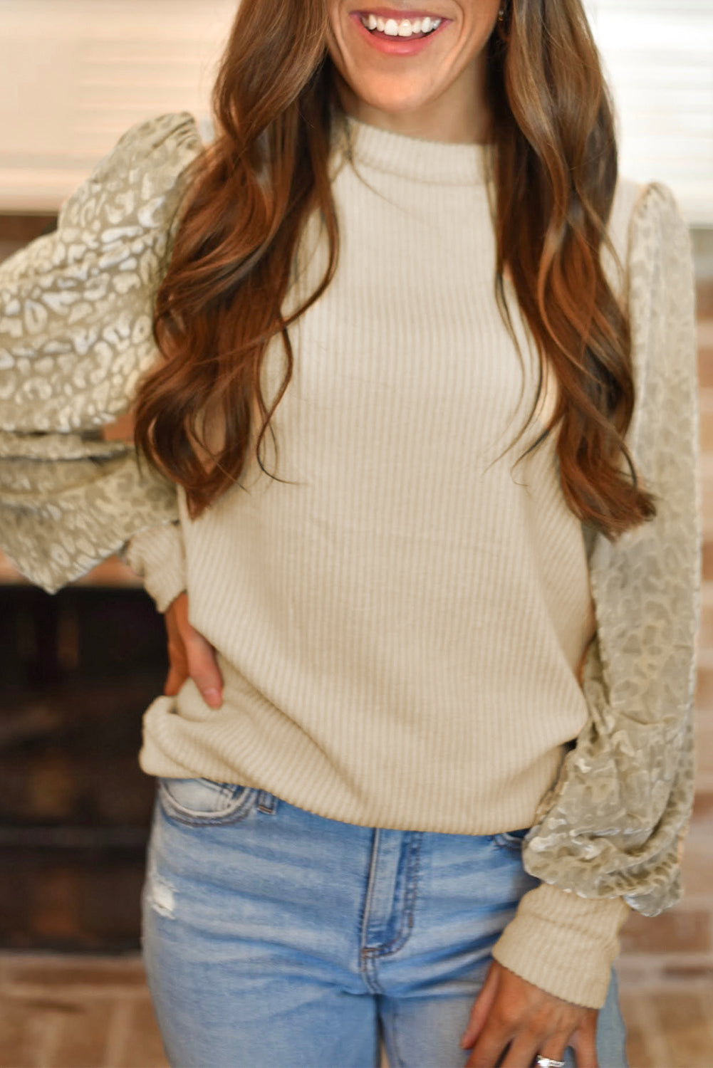Apricot Leopard Print Long Sleeve Ribbed Knit Blouse