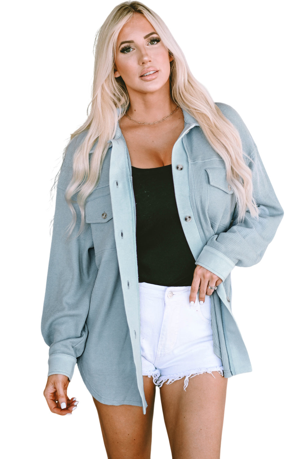 Sky Blue Waffle Knit Pocketed Button-Up Shacket