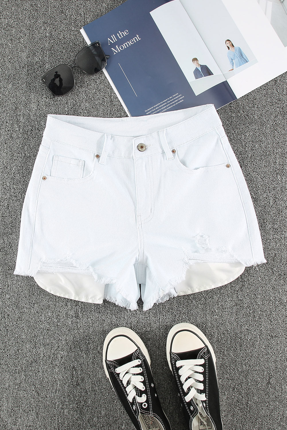 White Distressed Frayed Denim Shorts