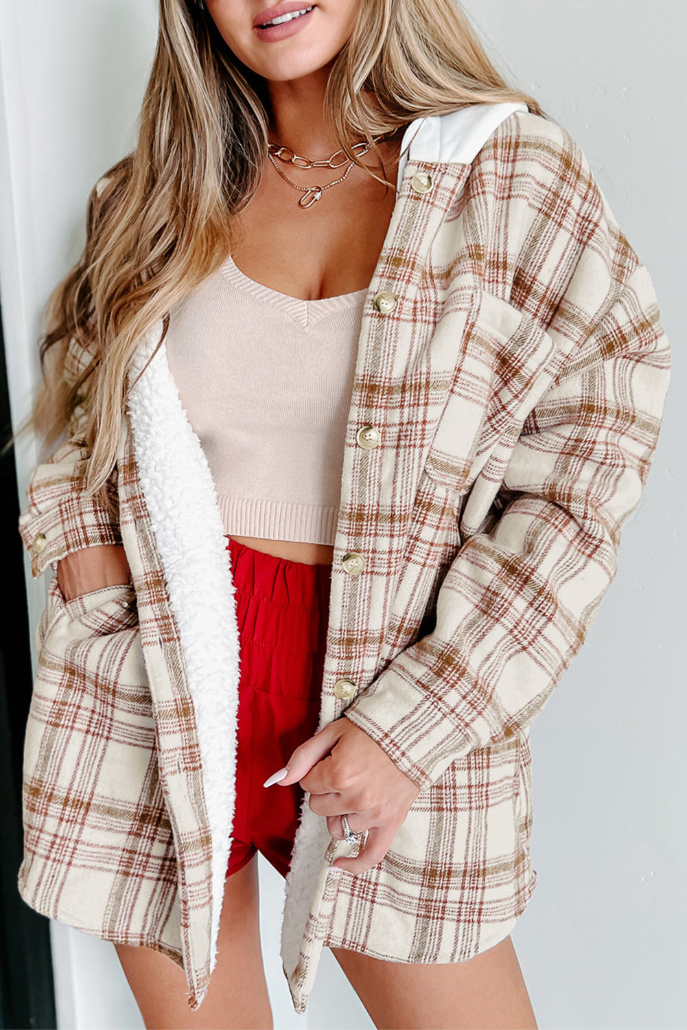 Fiery Red Sherpa Lined Hooded Plaid Jacket