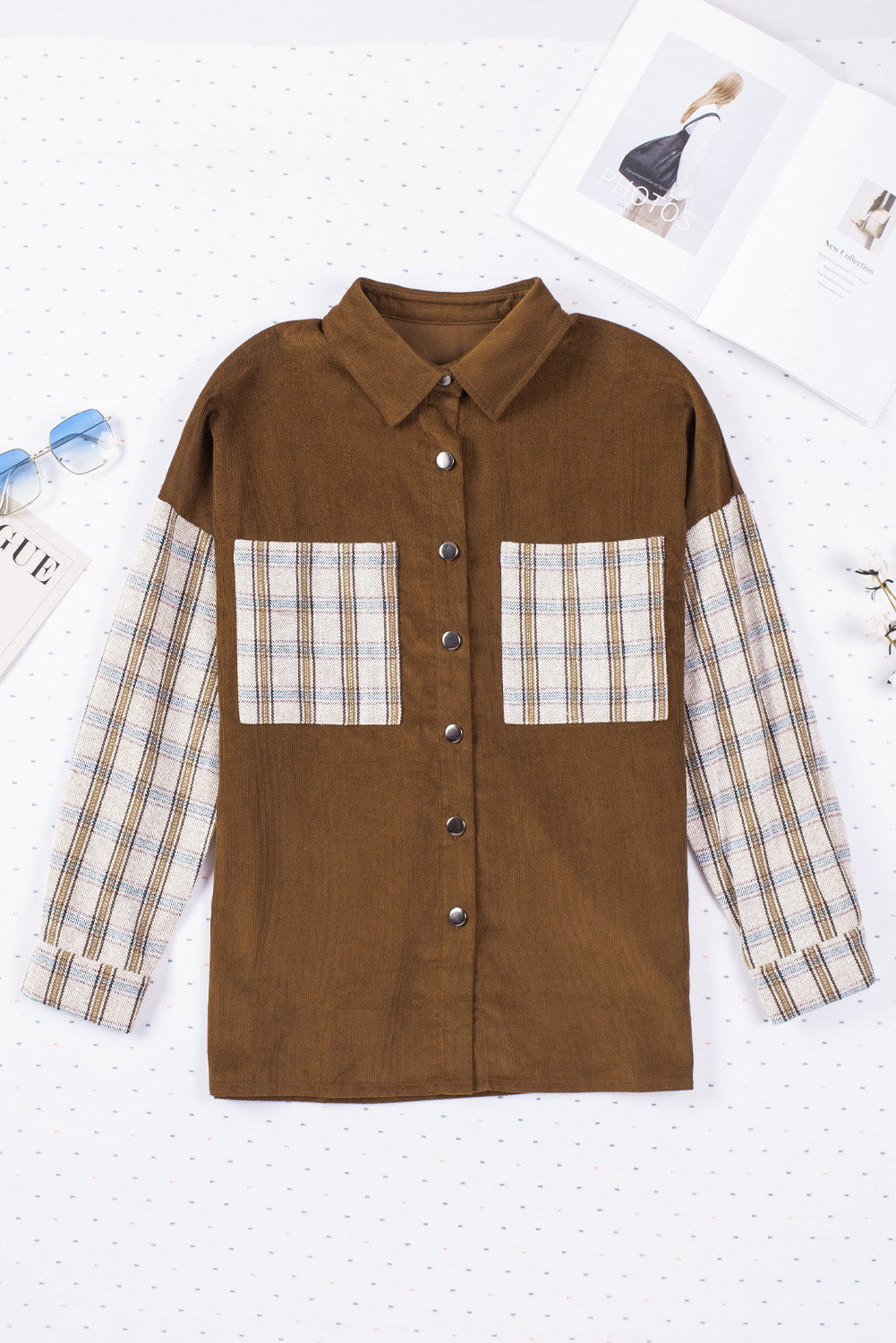 Brown Plaid Patchwork Corduroy Shirt Jacket with Pocket