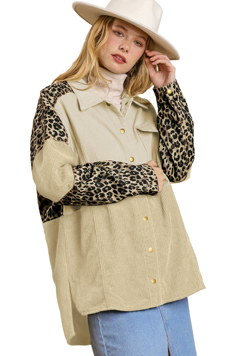 Beige Leopard Patchwork High Low Shirt Jacket