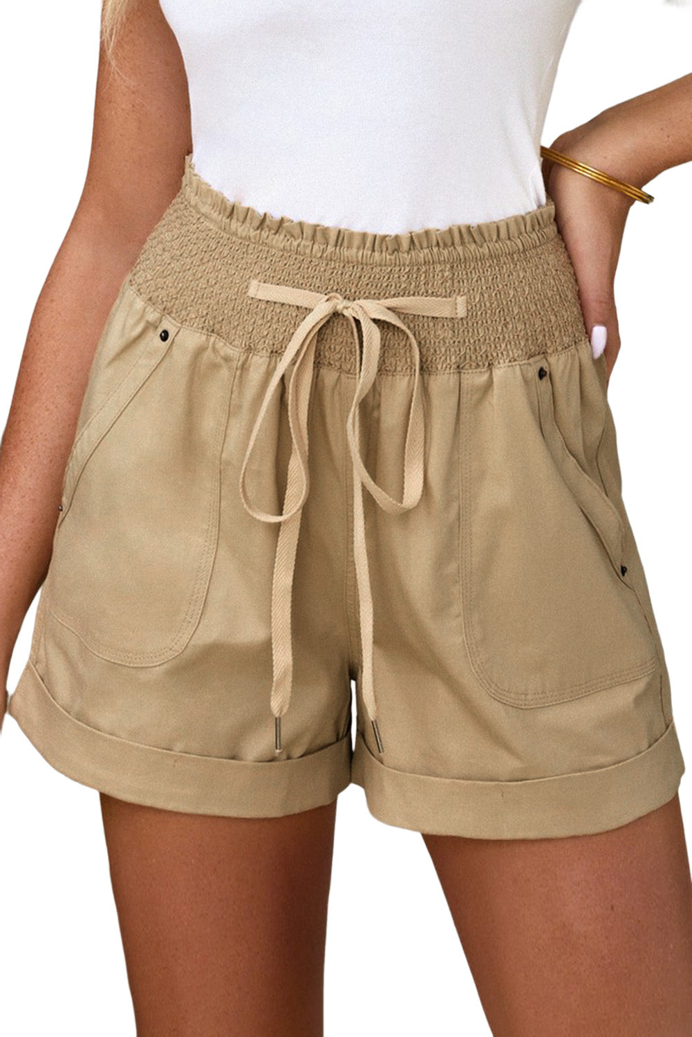 Khaki Drawstring Shirred High Waist Casual Shorts