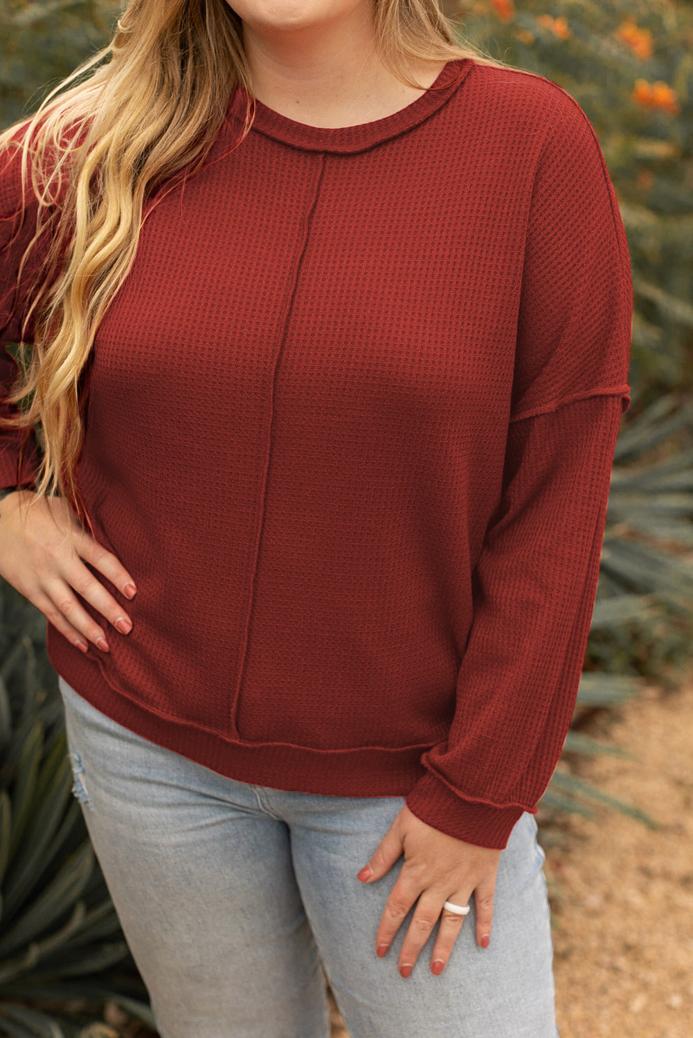 Gold Flame Exposed Seam Detail Waffle Knit Plus Size Top