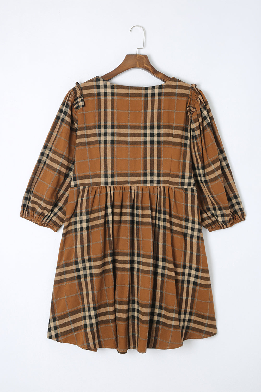 Brown Plaid Pattern Empire Waist Babydoll Dress