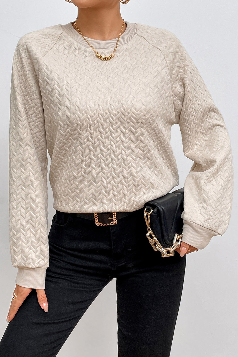 Beige Solid Textured Raglan Sleeve Pullover Sweatshirt