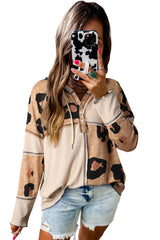 Leopard Print Exposed Seam Ribbed Patchwork Long Sleeve Top