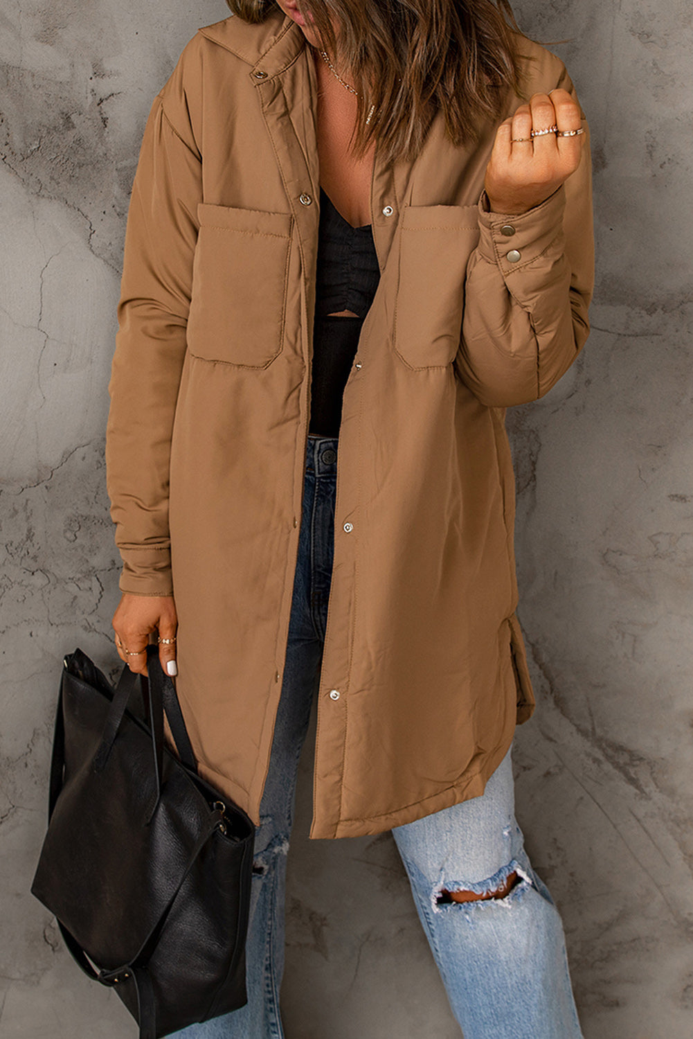 Brown Button Down Padded Jacket with Pockets