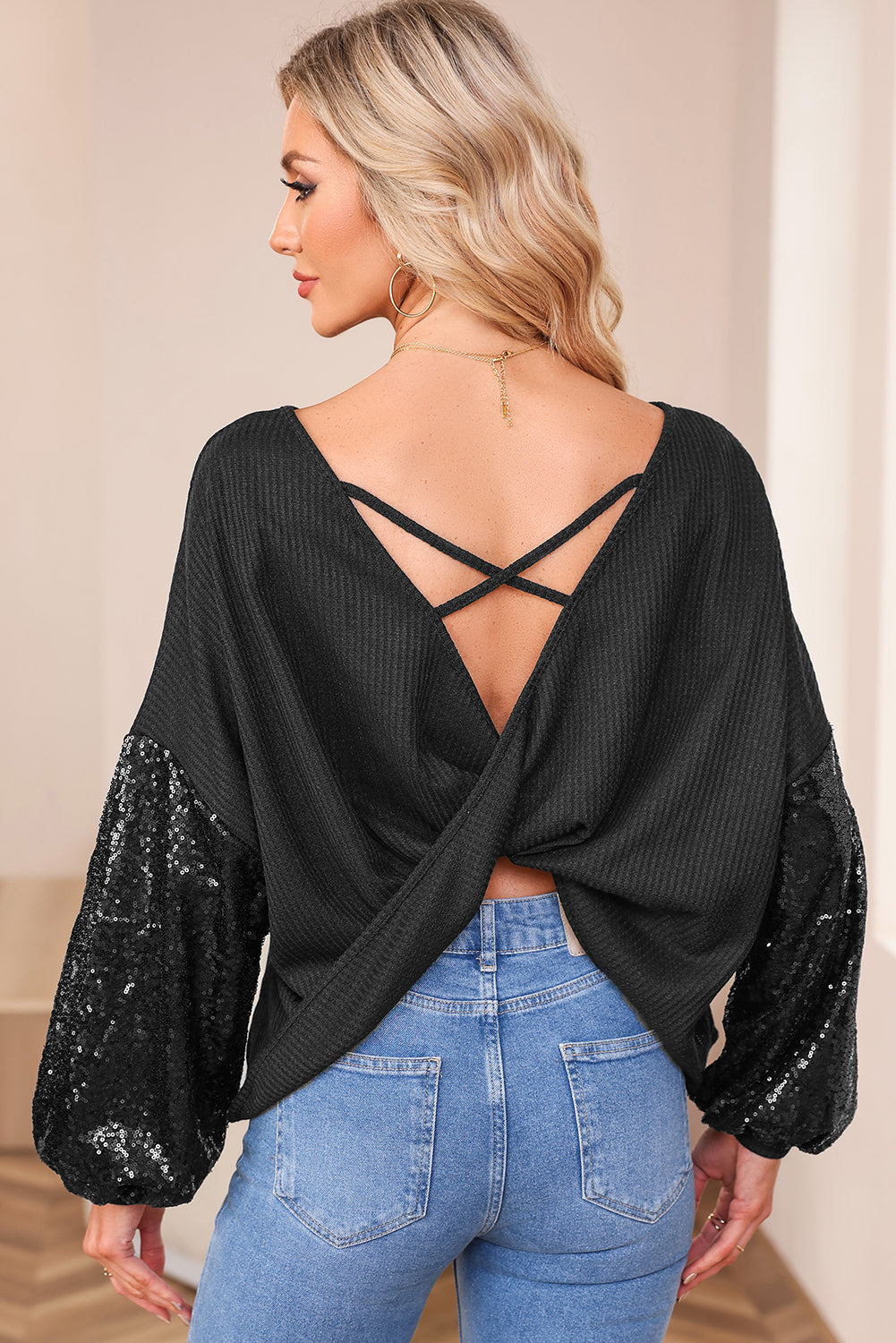 Black Sequin Patchwork Sleeve Open Back Waffle Knit Top
