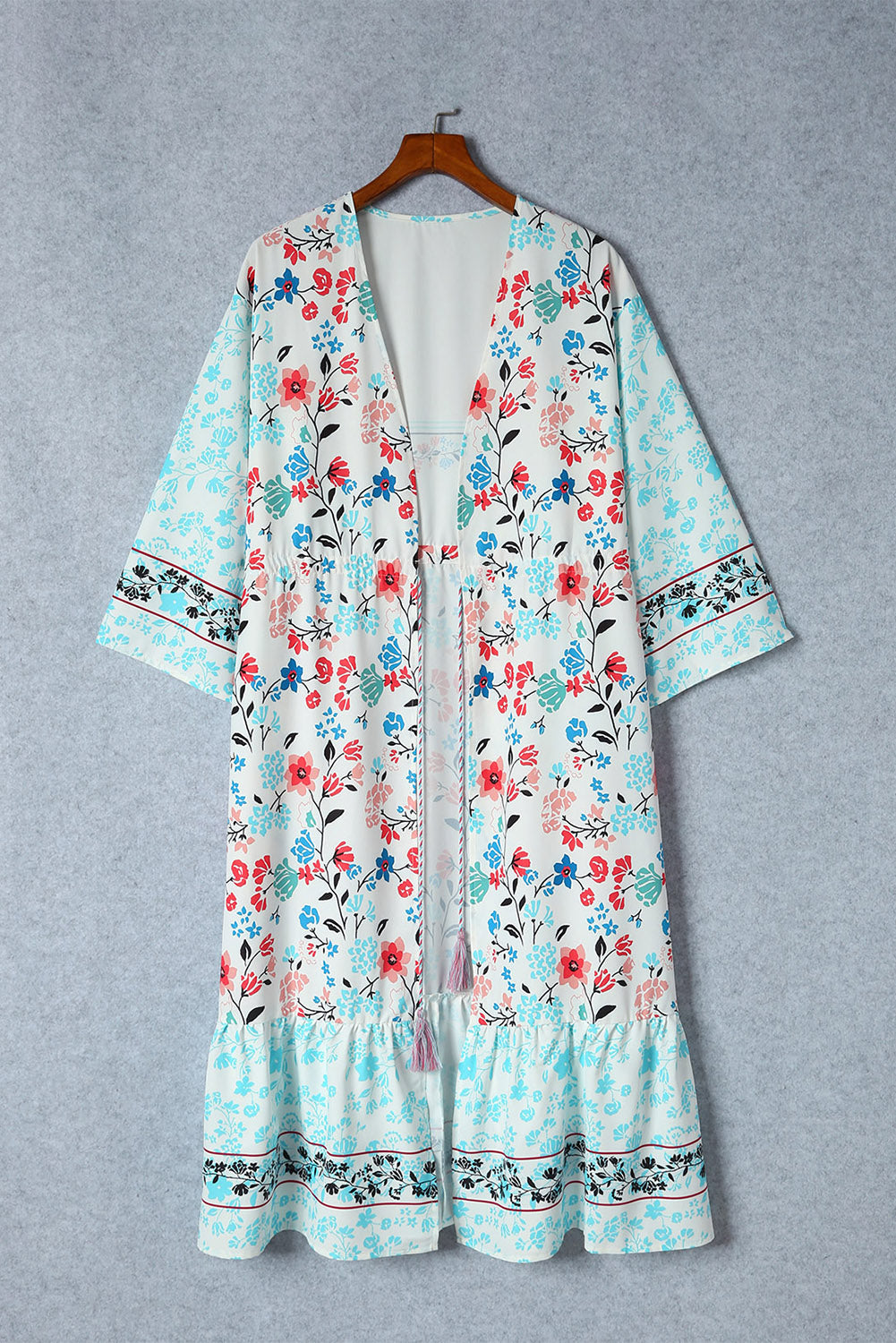 Multicolor Long Sleeve Tassel Tie Floral Kimono