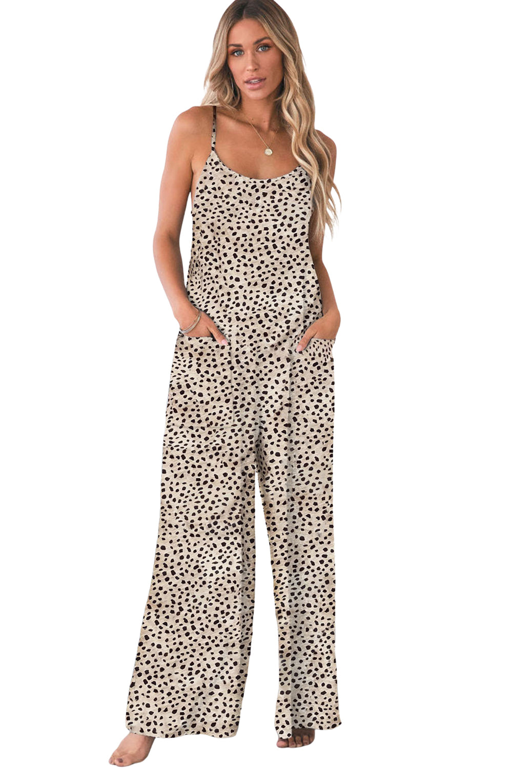Khaki Leopard Print Wide Leg Spaghetti Straps Jumpsuit
