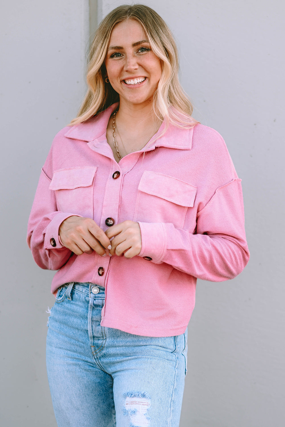 Pink Turn-Down Collar Pockets Shirt Jacket