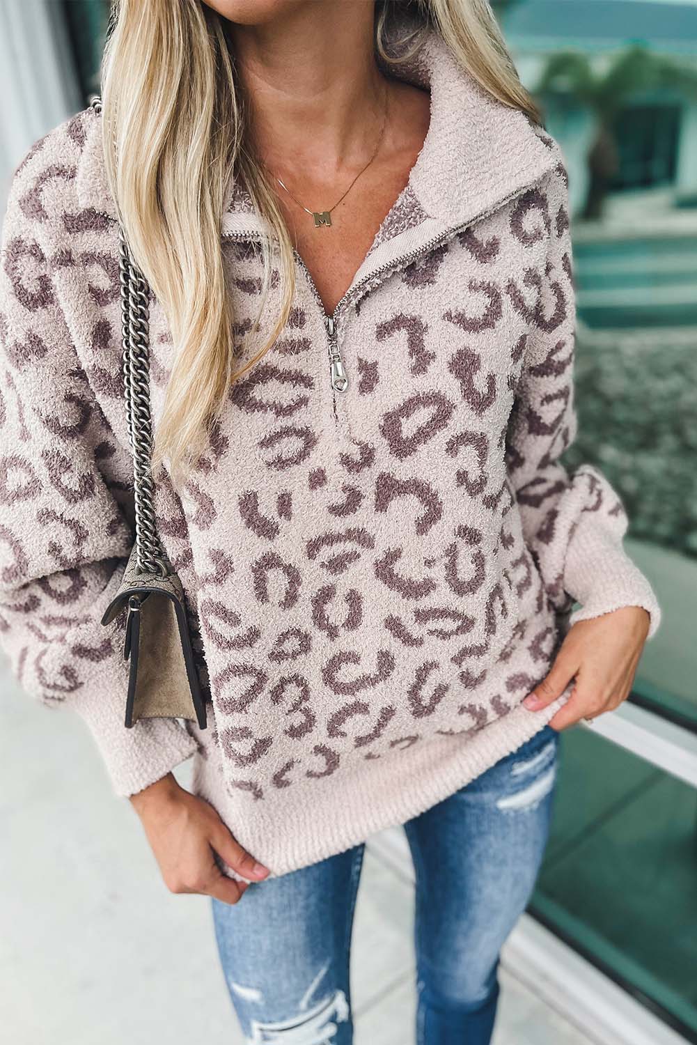 Gray Animal Print Zipped Collared Sweater