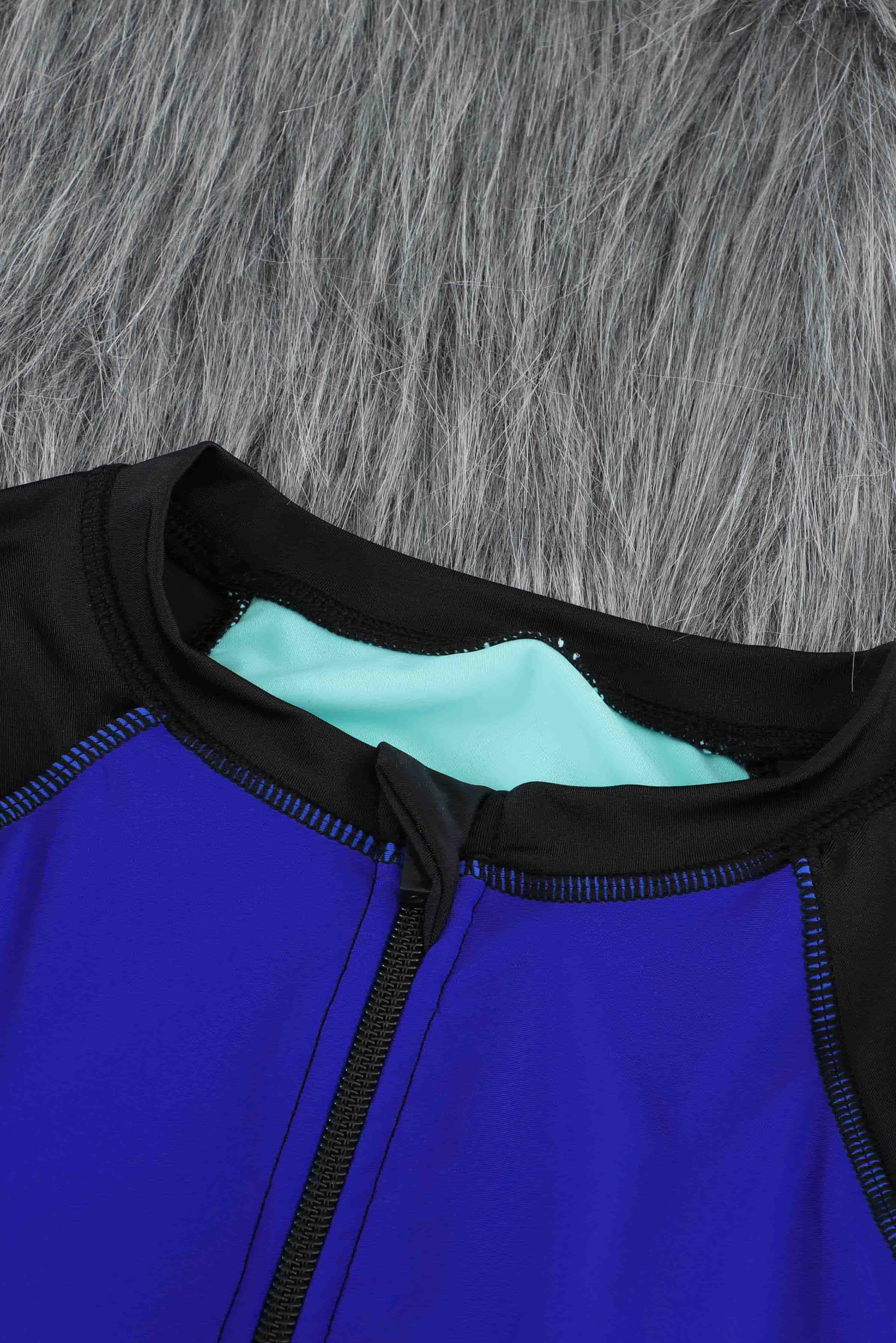 Blue Color Block Zipper Long Sleeve Rash Guard Swimwear